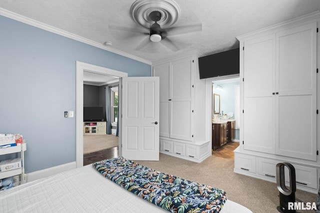 1309 5th St, Orion, IL 61273 - bedroom with light carpet, crown molding, ceiling fan, and ensuite bath