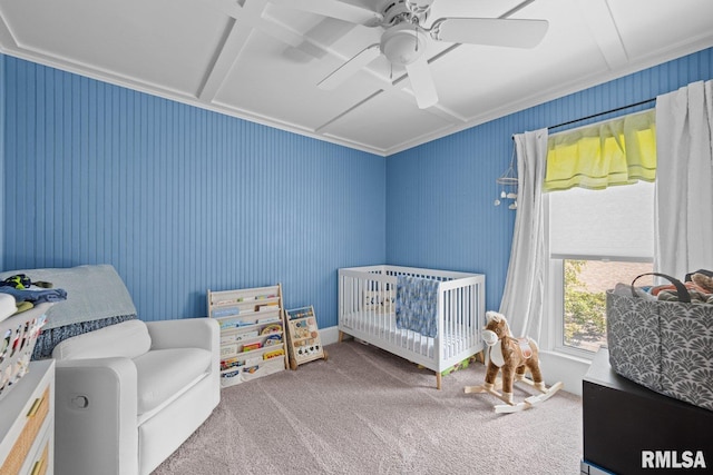 1309 5th St, Orion, IL 61273 - bedroom featuring carpet flooring, a ceiling fan, a crib, and ornamental molding