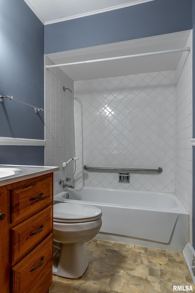 4718 19th Ave, Moline, IL 61265 - bathroom with shower / washtub combination, vanity, stone finish floors, and crown molding