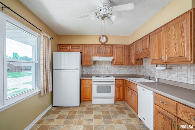 4718 19th Ave, Moline, IL 61265 - kitchen featuring white appliances, under cabinet range hood, ceiling fan, brown cabinetry, and tasteful backsplash