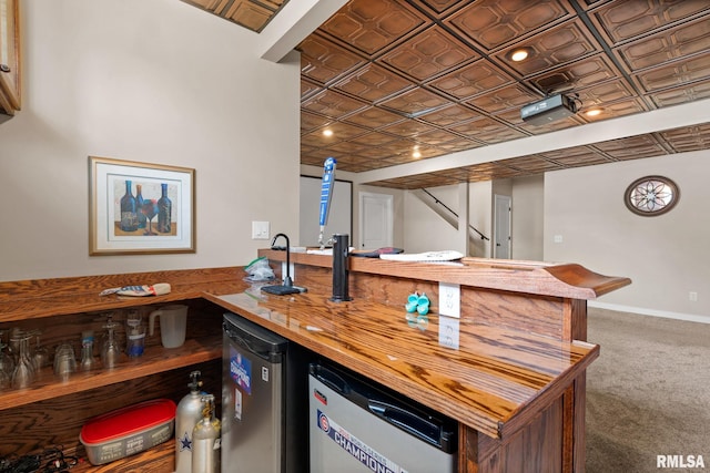3484 Field Sike Dr, Bettendorf, IA 52722 - indoor bar featuring an ornate ceiling, carpet, and fridge