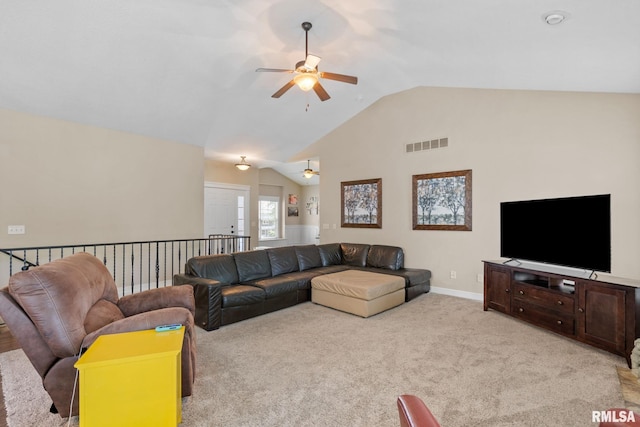 3484 Field Sike Dr, Bettendorf, IA 52722 - living room with a ceiling fan, light colored carpet, and high vaulted ceiling