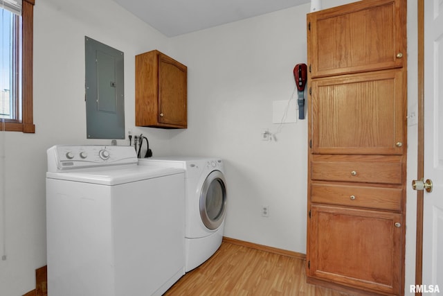 304 E Plum St, Anamosa, IA 52205 - laundry room with electric panel, cabinet space, washing machine and clothes dryer, and light wood-style flooring