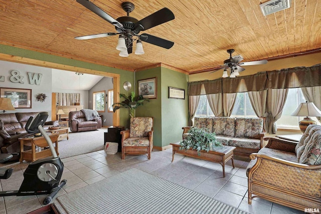 18599 317th St, Long Grove, IA 52756 - living area with ceiling fan, wooden ceiling, and tile patterned floors