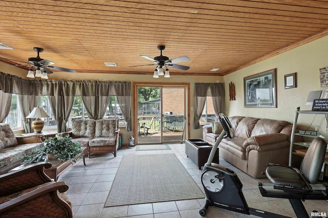 18599 317th St, Long Grove, IA 52756 - tiled living room with ceiling fan and wood ceiling
