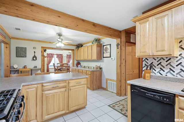 18599 317th St, Long Grove, IA 52756 - kitchen featuring black dishwasher, stainless steel gas range oven, light brown cabinetry, decorative backsplash, and light countertops