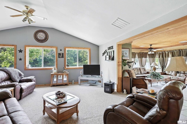 18599 317th St, Long Grove, IA 52756 - living room featuring a ceiling fan, carpet floors, and lofted ceiling