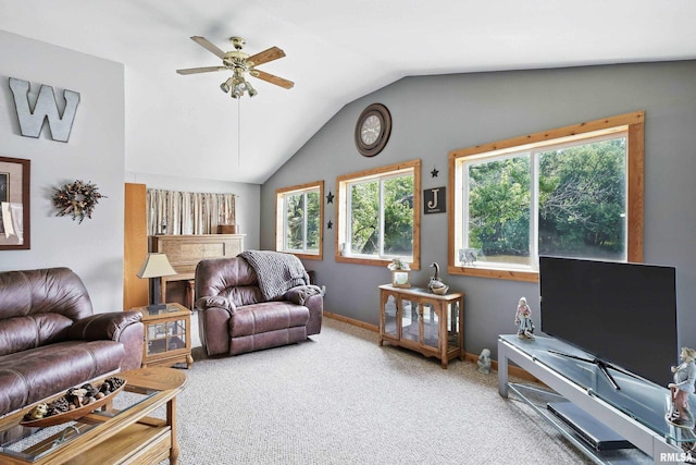18599 317th St, Long Grove, IA 52756 - carpeted living room with ceiling fan and vaulted ceiling