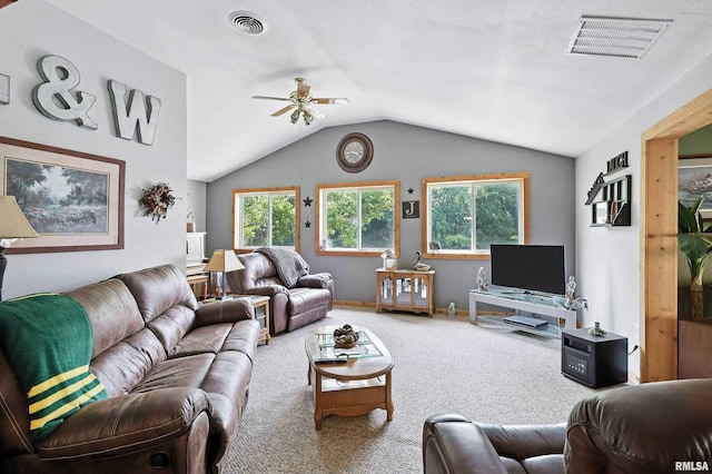 18599 317th St, Long Grove, IA 52756 - living room with carpet flooring, ceiling fan, and vaulted ceiling