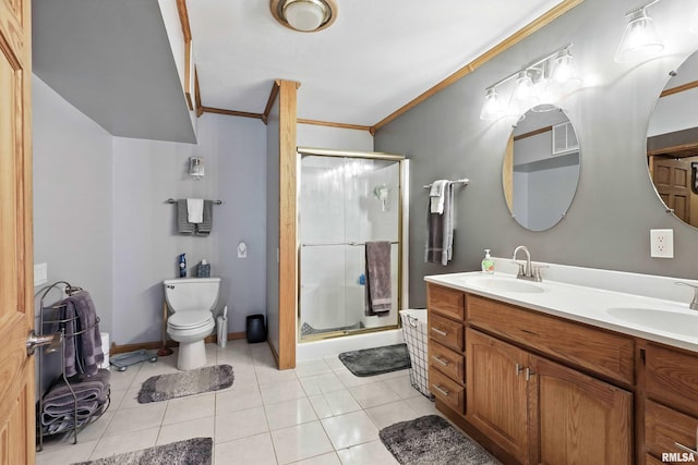 18599 317th St, Long Grove, IA 52756 - full bath featuring ornamental molding, a stall shower, double vanity, and tile patterned floors