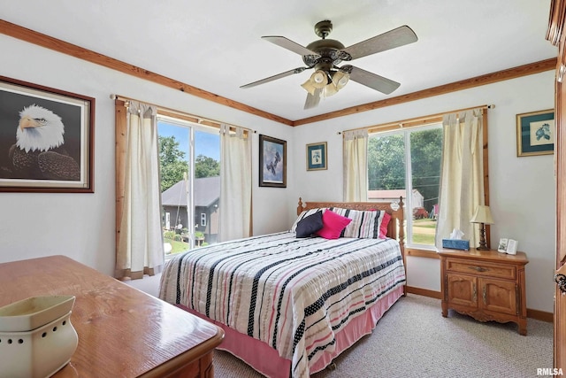 18599 317th St, Long Grove, IA 52756 - bedroom featuring multiple windows, light carpet, ceiling fan, and crown molding