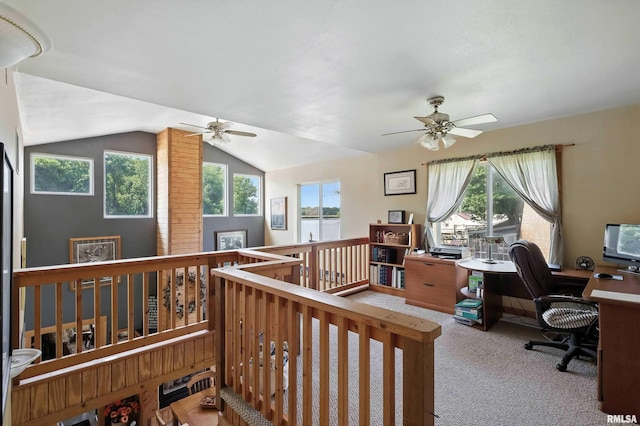 18599 317th St, Long Grove, IA 52756 - carpeted office space featuring ceiling fan, plenty of natural light, and lofted ceiling