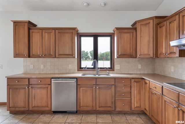 922 W Scott St, Eldridge, IA 52748 - kitchen with dishwasher, brown cabinetry, backsplash, and black electric stovetop