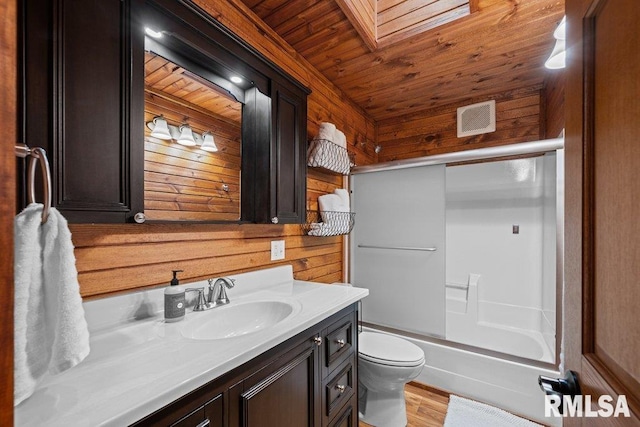 7319 106th Ave, Coal Valley, IL 61240 - bathroom featuring wood walls, vanity, wooden ceiling, enclosed tub / shower combo, and wood finished floors