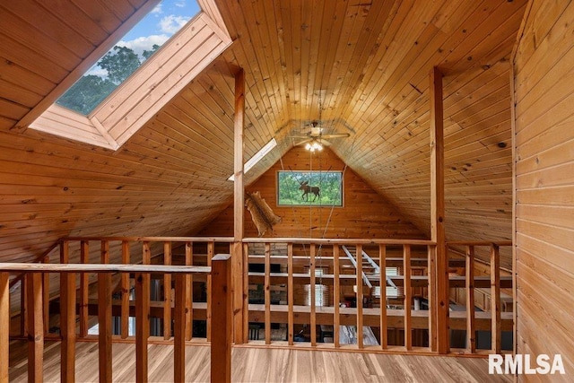 7319 106th Ave, Coal Valley, IL 61240 - additional living space with a skylight, wood ceiling, ceiling fan, wooden walls, and high vaulted ceiling