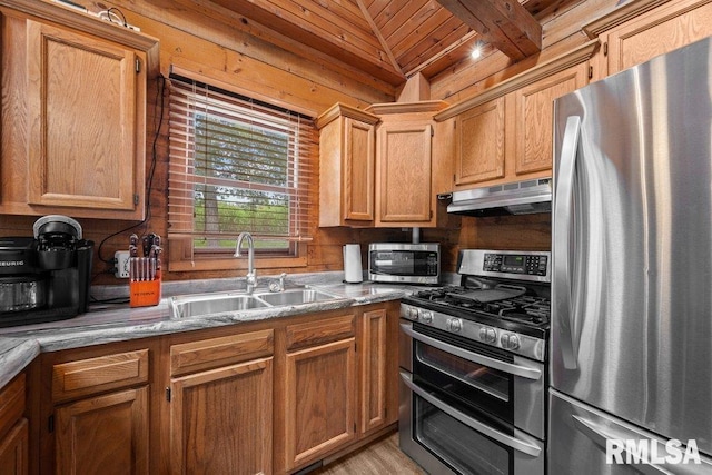 7319 106th Ave, Coal Valley, IL 61240 - kitchen with appliances with stainless steel finishes, under cabinet range hood, and wooden ceiling
