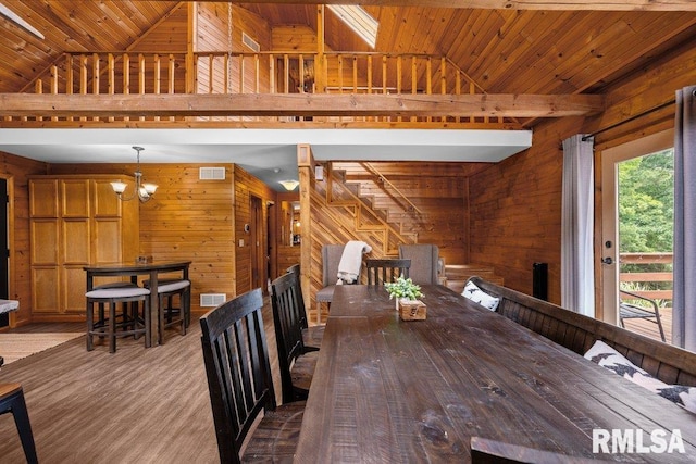 7319 106th Ave, Coal Valley, IL 61240 - dining room featuring wooden walls, a chandelier, wood finished floors, high vaulted ceiling, and wood ceiling