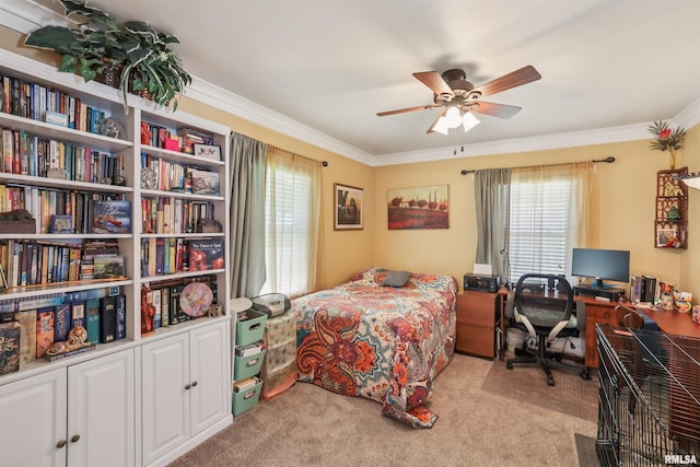 2510 Pershing Ave, Davenport, IA 52803 - bedroom with multiple windows, ornamental molding, light carpet, an office area, and a ceiling fan