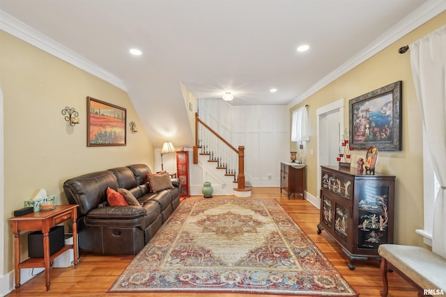 2510 Pershing Ave, Davenport, IA 52803 - living area featuring ornamental molding, stairway, light wood-style flooring, and recessed lighting