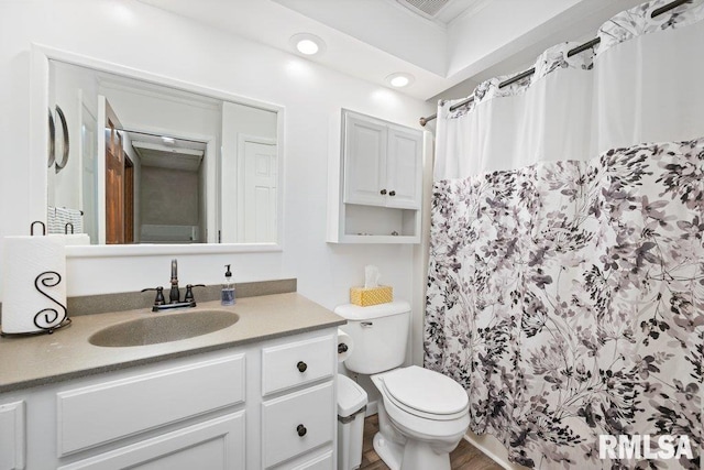 14325 139th Avenue Ct W, Taylor Ridge, IL 61284 - full bathroom with vanity, wood finished floors, a shower with curtain, and recessed lighting