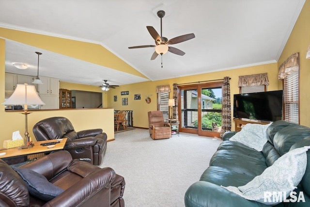 14325 139th Avenue Ct W, Taylor Ridge, IL 61284 - carpeted living area with lofted ceiling and ceiling fan