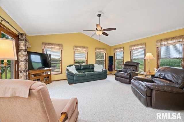 14325 139th Avenue Ct W, Taylor Ridge, IL 61284 - living area featuring carpet floors, a ceiling fan, vaulted ceiling, and ornamental molding
