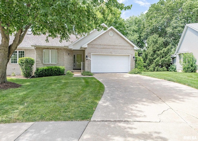3439 Maple Glen Dr, Bettendorf, IA 52722 - ranch-style house featuring brick siding, concrete driveway, a front yard, an attached garage, and a shingled roof