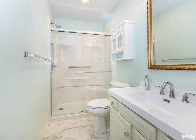 3439 Maple Glen Dr, Bettendorf, IA 52722 - bathroom featuring marble finish flooring, a stall shower, and vanity