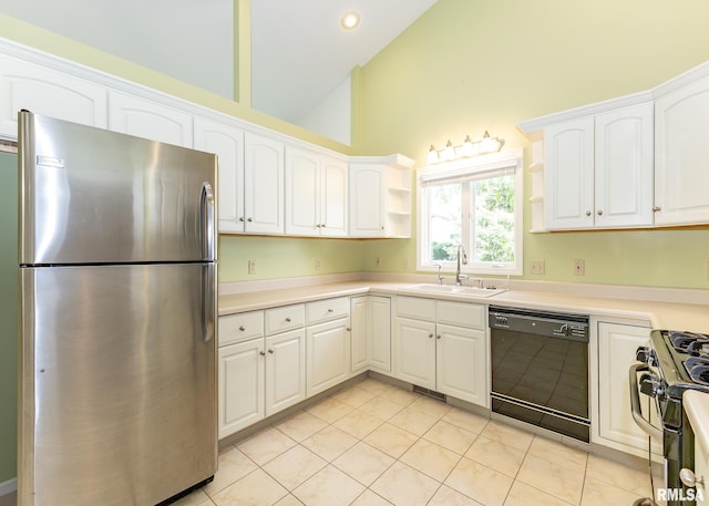 3439 Maple Glen Dr, Bettendorf, IA 52722 - kitchen with freestanding refrigerator, black dishwasher, open shelves, gas range, and white cabinets