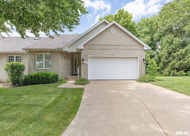 3439 Maple Glen Dr, Bettendorf, IA 52722 - ranch-style house featuring brick siding, a front yard, an attached garage, driveway, and roof with shingles