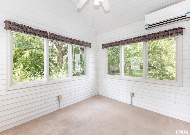 3439 Maple Glen Dr, Bettendorf, IA 52722 - unfurnished sunroom featuring lofted ceiling, carpet, an AC wall unit, and wood walls