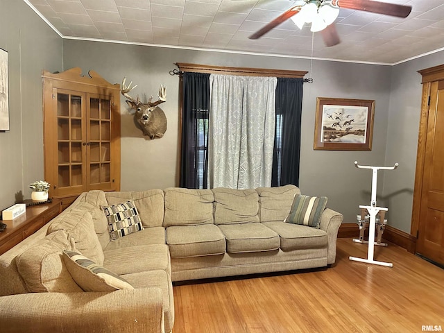 653 Ferry Rd, Miles, IA 52064 - living room with ornamental molding, ceiling fan, and wood finished floors