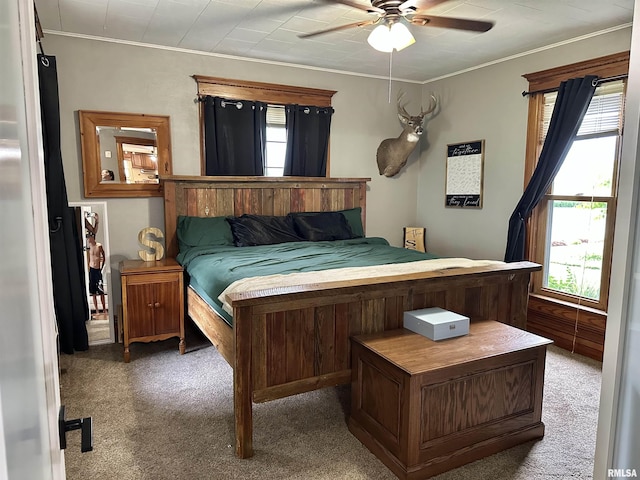 653 Ferry Rd, Miles, IA 52064 - bedroom featuring crown molding, carpet flooring, and ceiling fan