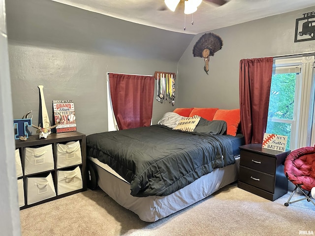653 Ferry Rd, Miles, IA 52064 - carpeted bedroom featuring vaulted ceiling and a ceiling fan