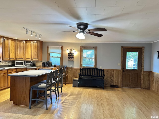 653 Ferry Rd, Miles, IA 52064 - kitchen with stainless steel microwave, a wainscoted wall, brown cabinetry, light wood-style flooring, and ceiling fan