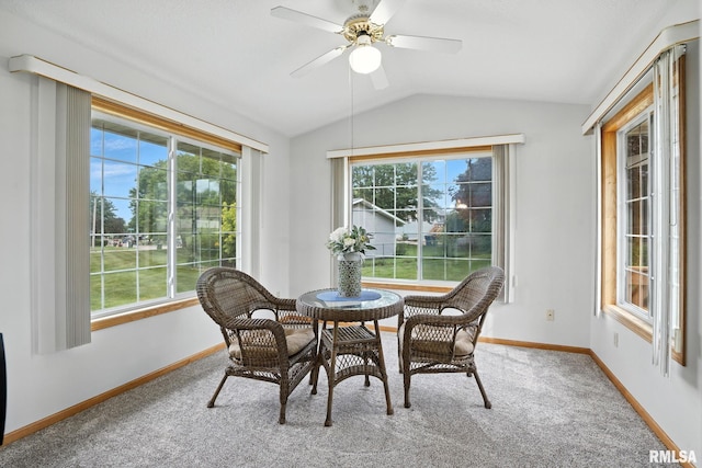 2722 Linwood Ct, Davenport, IA 52806 - dining room featuring vaulted ceiling, plenty of natural light, light carpet, and ceiling fan