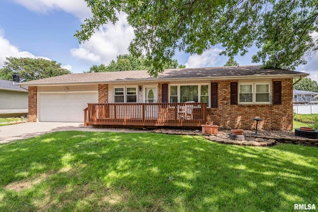 303 S Park View Dr, Park View, IA 52748 - ranch-style house with an attached garage, a front lawn, concrete driveway, brick siding, and a wooden deck