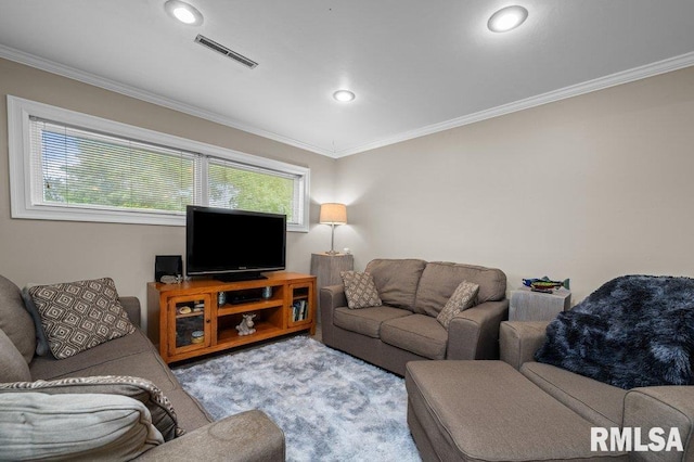 2401 W Dale Ct, Bettendorf, IA 52722 - living area with crown molding, plenty of natural light, recessed lighting, and carpet flooring
