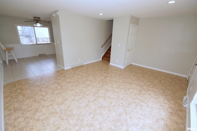 3618 18th St, Bettendorf, IA 52722 - unfurnished room with stairs, ceiling fan, and recessed lighting