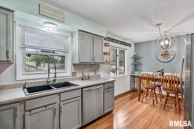 1215 Calvin St, Davenport, IA 52804 - kitchen with stainless steel appliances, gray cabinets, a textured ceiling, light wood finished floors, and decorative backsplash