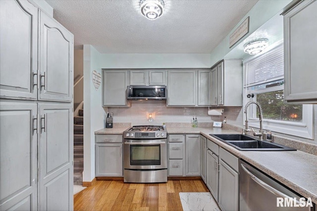 1215 Calvin St, Davenport, IA 52804 - kitchen with stainless steel appliances, gray cabinetry, light wood-type flooring, a textured ceiling, and backsplash