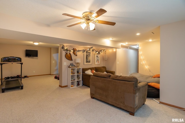 1199 Scenic Place, Le Claire, IA 52753 - living room with light colored carpet, a ceiling fan, and recessed lighting