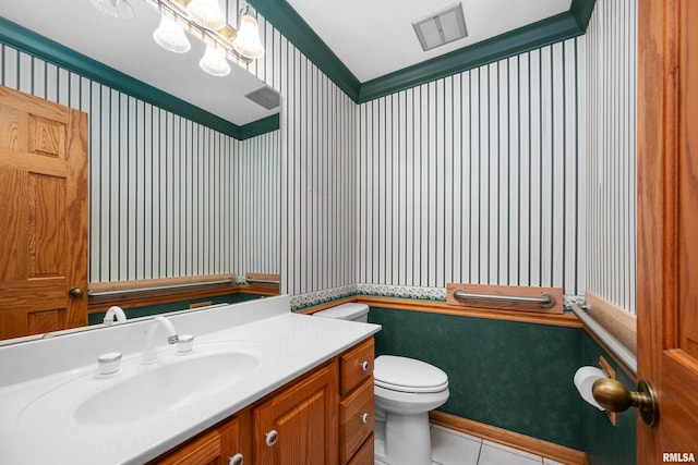 2303 Wynnewood Ct, Davenport, IA 52807 - bathroom featuring wallpapered walls, vanity, tile patterned floors, and crown molding