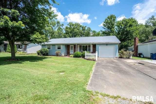 206 Patricia Ln, West Frankfort, IL 62896 - ranch-style home featuring driveway, an attached garage, a porch, a front yard, and a metal roof