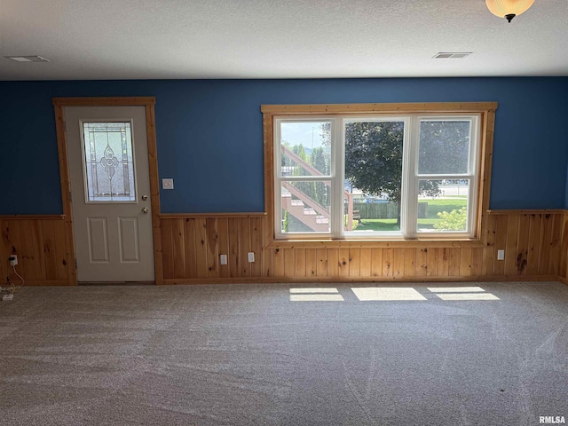 124 Riverview Heights Dr, Le Claire, IA 52753 - unfurnished living room with wainscoting, wooden walls, carpet floors, and a textured ceiling