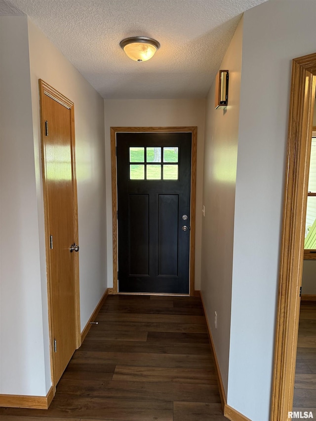 124 Riverview Heights Dr, Le Claire, IA 52753 - doorway with dark wood-style flooring and a textured ceiling