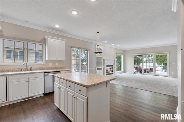 1 S Shore Ln, Rapids City, IL 61278 - kitchen featuring open floor plan, dishwasher, dark wood-style floors, a glass covered fireplace, and recessed lighting