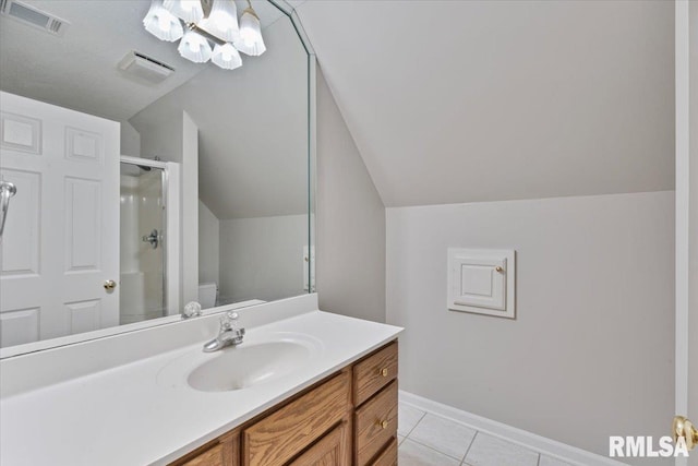 1 S Shore Ln, Rapids City, IL 61278 - bathroom featuring vaulted ceiling, a shower with shower door, vanity, tile patterned flooring, and a chandelier