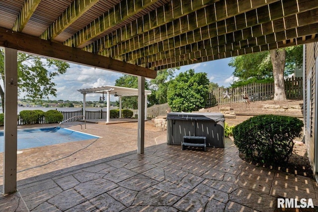 1 S Shore Ln, Rapids City, IL 61278 - fenced backyard featuring a hot tub, a pergola, a patio area, and an outdoor pool