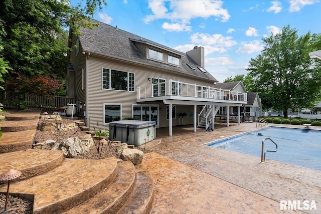 1 S Shore Ln, Rapids City, IL 61278 - rear view of house featuring a hot tub, stairway, a patio area, a wooden deck, and a chimney
